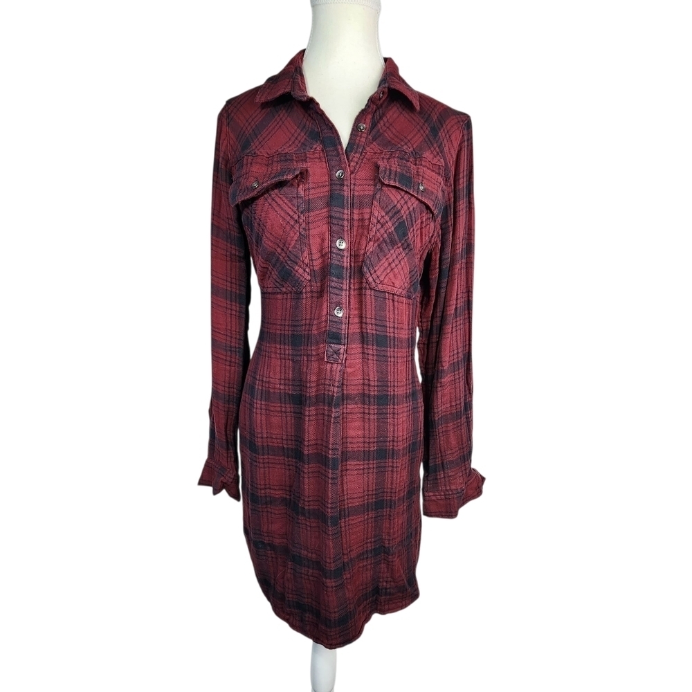 GAP Women's Plaid Flannel Shirt Dress Red Black Medium Long Sleeve - Picture 5 of 12